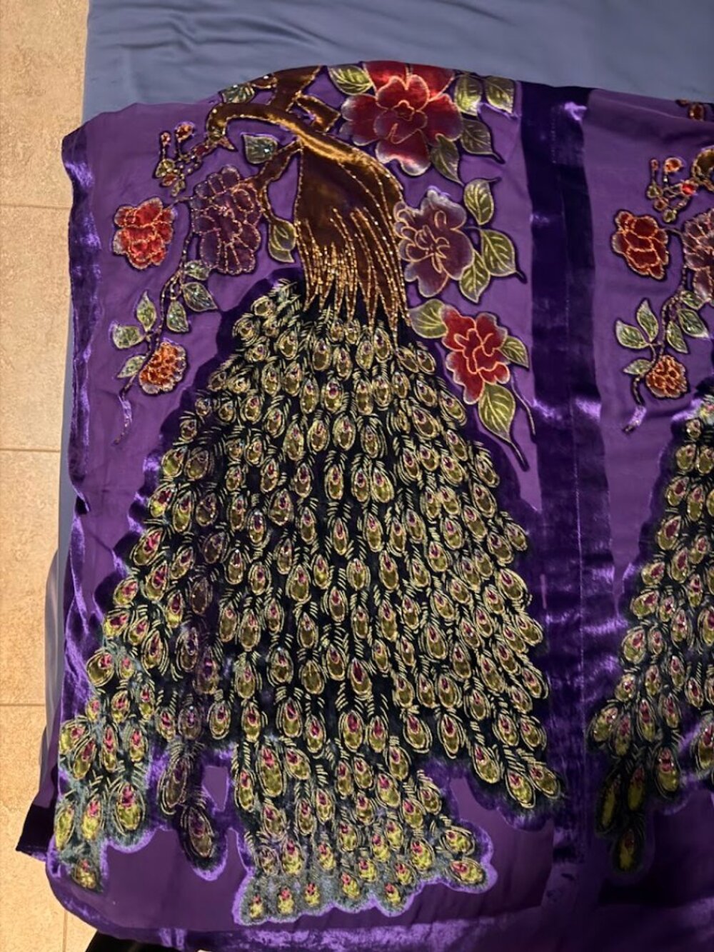 Purple Peacock Embroidered Kimono Duster Fringe Boho - Picture 10 of 11